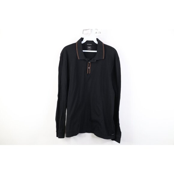 Hugo Boss Mens XL Tailored Italian Yarn Soft Cotton Long Sleeve Polo Shirt Black